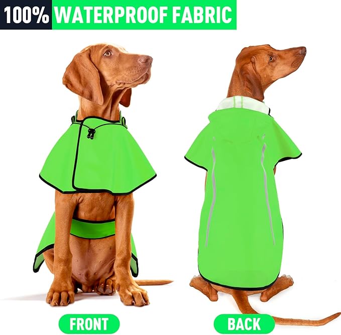 Flashseen Dog Rain Coat, Waterproof Dog Raincoat with Removable Hoodie, Pet Rain Jacket with Reflective Strip, Adjustable Lightweight Dog Hooded Raincoats for Large Dogs