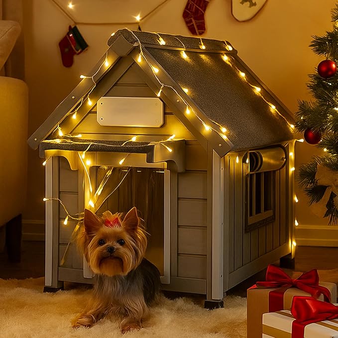 Wooden Outdoor Dog House for Small Dogs, Weatherproof Pet Shelter with Reinforced Frame, Ventilated Window, PVC Door Flap, and Nameplate,18" L x 25" W x 24" H