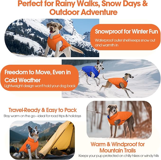 QBLEEV Reversible Dog Coat for Large Dogs, Waterproof Windproof Winter Jacket Keeps Big Breeds Warm & Dry, Adjustable Hook & Loop Puffer Vest, Orange, 3XL – Fits Labrador, Weimaraner, Great Dane
