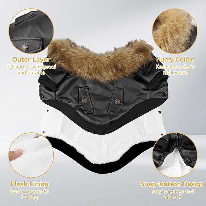 PETLESO Dog Coat for Small Dogs, Dog Leather Jacket Waterproof Windproof, Double Layer Warm Dog Winter Coat with Plush Lined, Black L