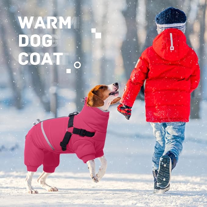 BRKURLEG Dog Winter Coat with Harness Built in, Winter Dog Jacket for Small and Medium Dogs, Small Dogs Snowsuit Reflective Windproof Cold Weather Coat, Puppy Warm Fleece Coats, Hot Pink, M