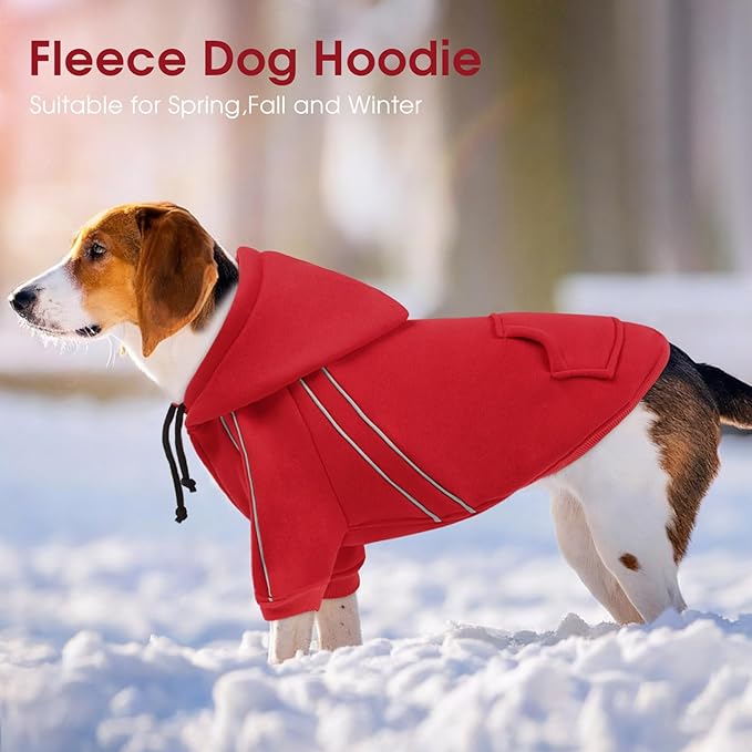 ASENKU Cozy Dog Hoodie，Soft Sweater with Adjustable Hood, Back Pocket and Leash Access Hole，Warm Reflective Sweatshirt for Cold Weather（Red，XS