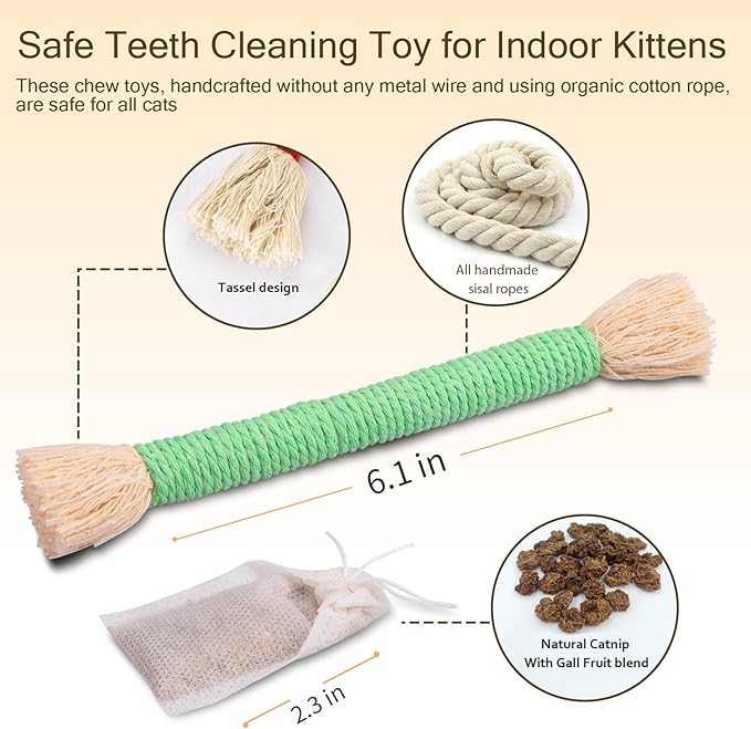 Retro Shaw Cat Toys Ropes with Catnip 6Pcs, Safe Teething Cleaning Kitten Toys for Indoor Cats Kitty, Interactive Cat Nip Chew Toys Kicker