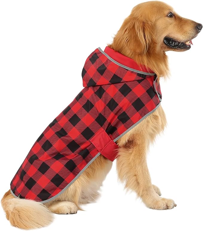 HDE Reversible Dog Raincoat Hooded Slicker Poncho Rain Coat Jacket for Small Medium Large Dogs Buffalo Plaid Red - L