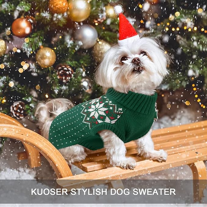 Kuoser Dog Sweater, Holiday Christmas Snowflake Pet Warm Knitwear Dog Sweaters Soft Puppy Clothing, Doggie Turtleneck Cold Weather Outfit Pullover for Small Medium Large Dogs Cats, Green 2XL