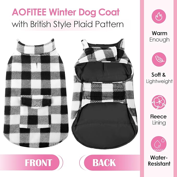 AOFITEE Dog Coat Plaid Dog Winter Coat for Small Dogs, Warm Dogs Jacket Christmas Sweater, Waterproof Pet Puffer Jacket, Reversible Pet Cold Weather Coats for Small Medium Large Pets, Black S