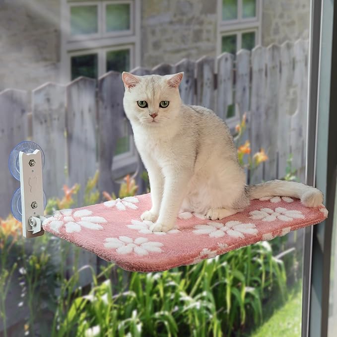 Cat Window Perch, Foldable Cat Window Hammock with Cute 3D Textured Flower Cover and Strong Suction Cups, Cordless Window Seat Bed for Indoor Cats (Pink, Large)