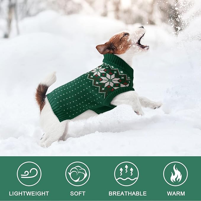 Kuoser Dog Sweater, Holiday Christmas Snowflake Pet Warm Knitwear Dog Sweaters Soft Puppy Clothing, Doggie Turtleneck Cold Weather Outfit Pullover for Small Medium Large Dogs Cats, Green M