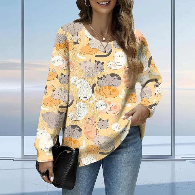 Women's Cat Printed Sweater Oversized Cable Knit Long Sleeve Christmas Clothes Casual Autumn Winter Fashion Tops