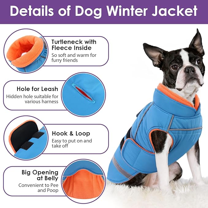 SUNFURA Dog Coat, Large Dog Jacket for Cold Weather, Reflective Winter Coat with Hook & Loop Closure, Easy On Pet Winter Jacket Snowsuit for Large Dogs, Turquoise L