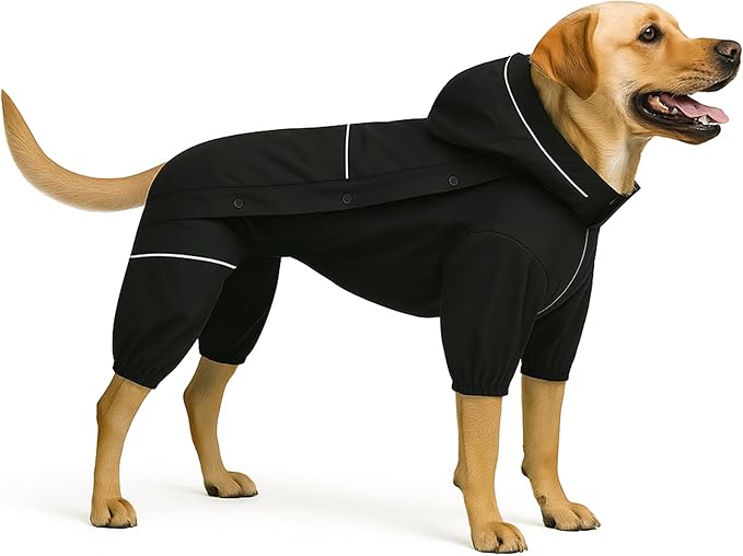 LOVELONGLONG Fleece-Lined Dog Raincoat with Removable Hood – Waterproof Winter Full Body Dog Jacket – Windproof Snowproof Cold-Weather Suit – Black-F XL