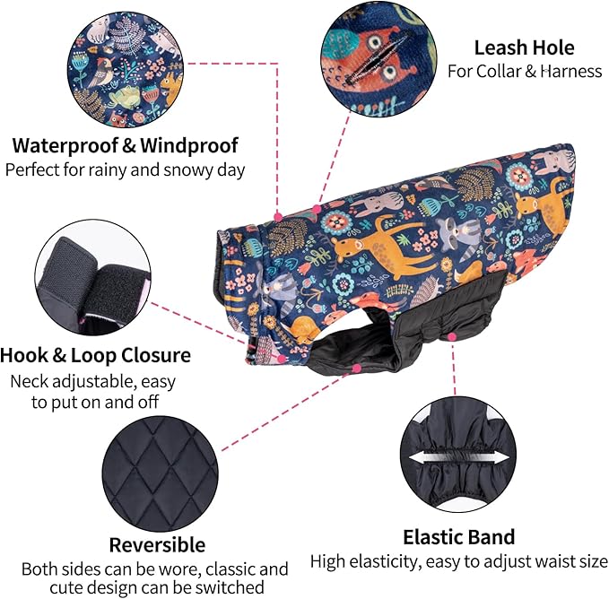 CuteBone Winter Dog Coat - Waterproof Windproof Reversible Vest, Thick Adjustable Cold Weather Jacket for Small Medium Large Dogs, Soft With Leash Hole