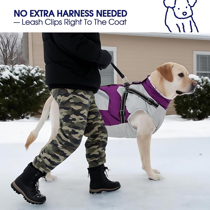 FUAMEY Dog Winter Jackets for Large Dogs,Dog Coat with Harness Built in,Waterproof Dogs Snowsuits Warm Pet Jacket Zip Up Fleece Cold Weather Coats Reflective Puppy Vest with Pocket Purple 2XL