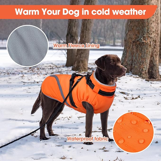 BRKURLEG Dog Winter Jackets for Small Dogs, Dog Coat with Harness Built in, Dogs Snowsuits with Zipper, Waterproof Windproof Pet Puffer Jacket Fleece Vest for Chihuahua, Yorkie, Orange XS