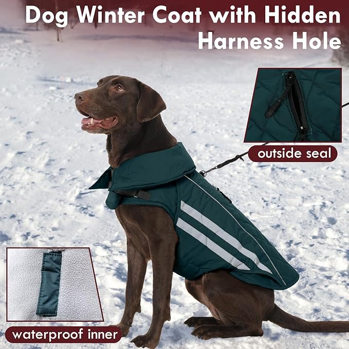Dog Coat for Large Dogs Winter Waterproof Dog Jacket with Harness Reflective Turtleneck Hook & Loop Snowsuit Warm Fleece Snow Jackets Thermal Cold Weather Coats, Green 3XL