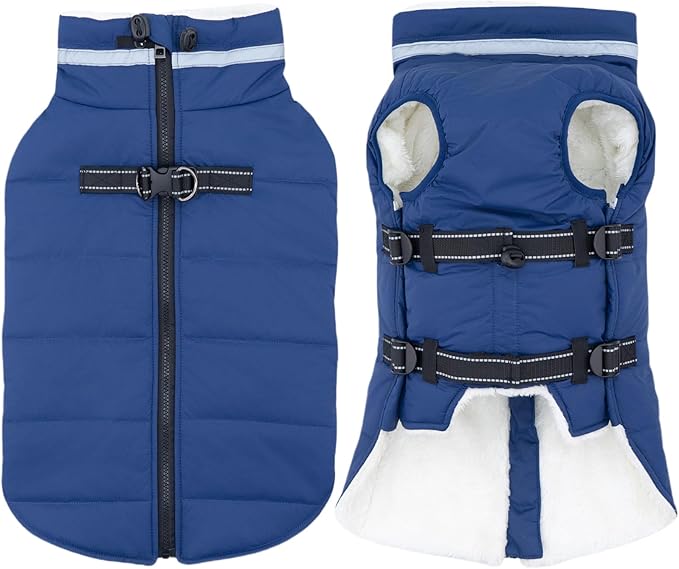 Dog Coat with Harness Built-in, Waterproof Reflective Fleece Lined - Warm Windproof Winter Jacket with Back Zipper, Cold Weather Snow Dog Coats - Blue - L