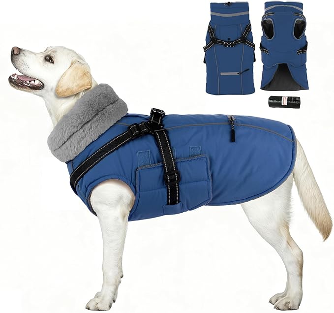 PETDSH Dog Coat Large, Built-in Harness Dog Jacket with Warm Fleece Lining, Waterproof Reflective Dogs Winter Coat, Pet Coats with Pocket and Trash Bags (Navy Blue, X-Large)