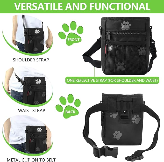 Dog Treat Pouches for Pet Training, Treat Pouches for Pet Training,Large Dog Treat Training Pouch and Dog Clicker,Dog Training Treat Pouch Built-in Poop Bag Dispenser-Black Pattern.