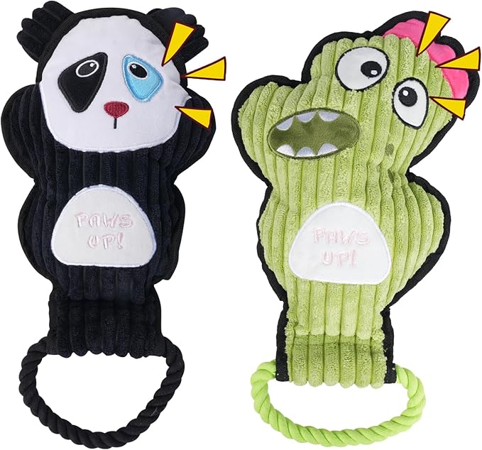 2-Pack Squeaky Dog Toys & Tough Tug of War Set - No Stuffing Chew-Resistant Plush Toys to Keep Them Busy, Best Birthday Gift for Small/Medium/Large Breeds (Panda & Dino)