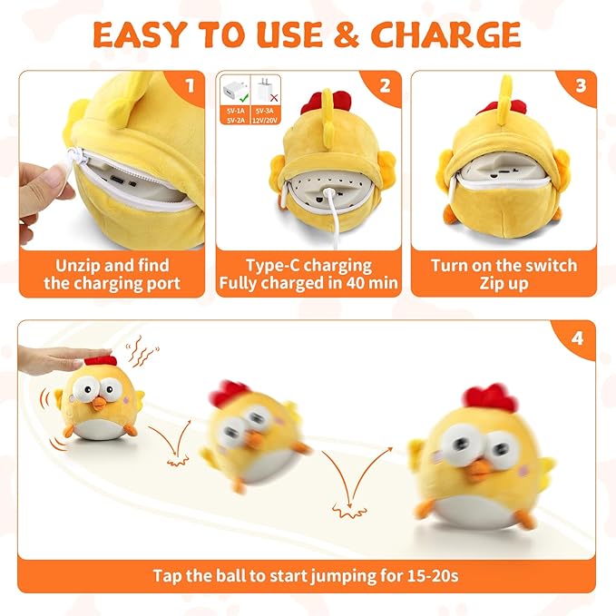Interactive Dog Toy Ball, Rechargeable Jumping Plush Toy with Motion Activation for Small Large Dogs, Squeaky Moving Bouncing Ball for Pets Keep Busy Reduce Boredom, No Loud Music (Chicken)