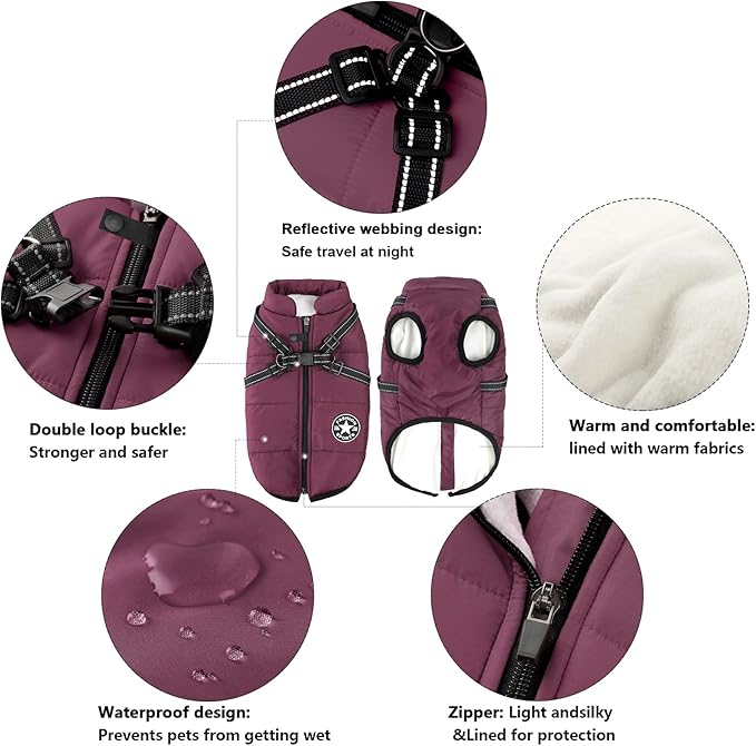Aiboria Dog Jackets Coat for Winter Windproof Waterproof Skiing Dog Vest Fleece Warm Chest Strap Belt Purple 3XL