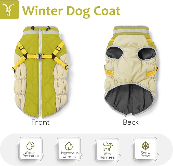Dog Winter Coat with Harness, Dog Jacket, Pet Clothes with Zipper on Back, Waterproof Windproof Warm Vest, Reflective Cold Weather Coats, for Small Medium Large Dogs, Thick, Green, XS