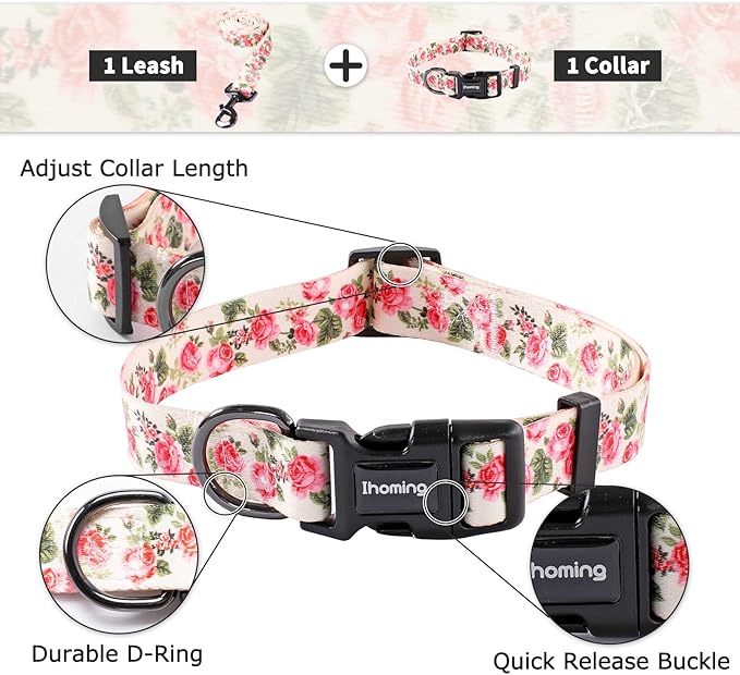 Ihoming Dog Collar and Leash Set for Daily Outdoor Walking Running Training, Pink Flowers Design for Small Boys Girls Dogs Cats Pets, S-Up to 20LBS