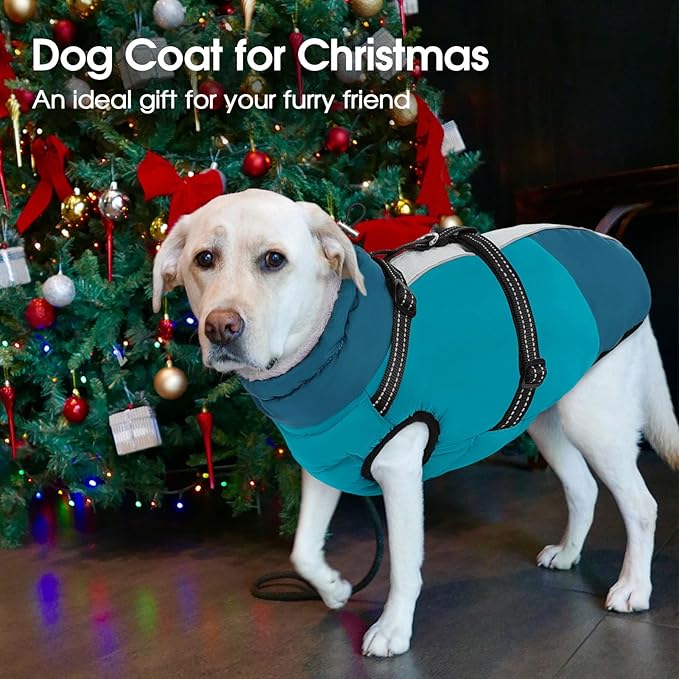 SUNFURA Dog Coat, XXXL Dog Jacket with Harness Built in, Waterproof Pet Winter Coat Snowsuit with Zip, Reflective Fleece Jacket for Extra Large Dogs, Great Dane, Turquoise 3XL