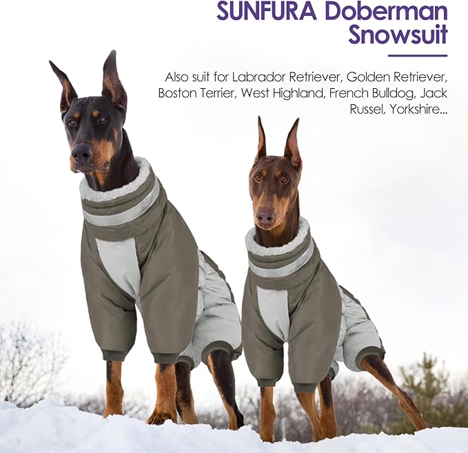 SUNFURA Full Body Dog Coat - Warm Fleece Jacket for Medium Dogs, Turtleneck Winter Coats with Harness, Reflective Dog Snowsuit Windproof Puffer Jackets with Legs for Boston Terrier, Army Green M