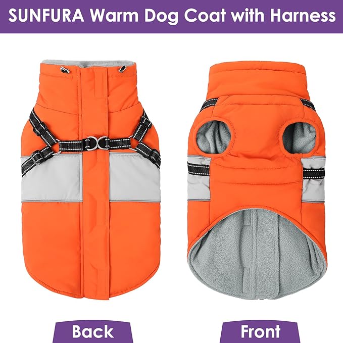 SUNFURA Small Dog Coat with Harness Built in, Warm Dog Jacket Winter with Zipper On Back, Waterproof Pet Snow Jacket Snowsuit Pet Sweater Clothes for Schnauzer, Yorkshire Terrier, Orange S