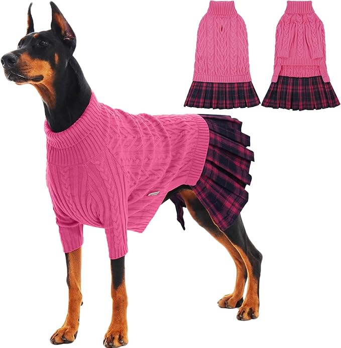 IECOii Girl XXXL Dog Sweater Dress, Girl Dog Sweaters for Extra Large Dogs Turleneck, Pink, XXXLarge, Thermal Warm Knitwear with Leash Hole, Adorable Cable Knit Sweater for Christmas & Thanksgiving