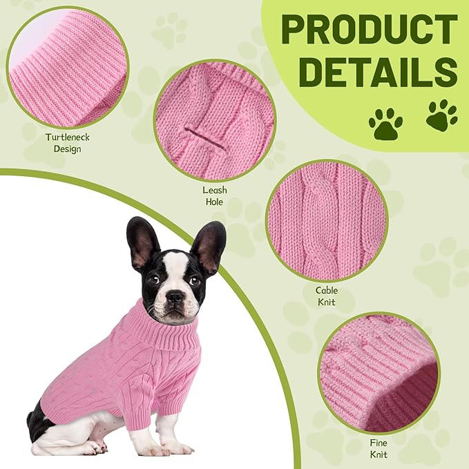 Small Dog Thermal Pullover Sweater, Classic Turtleneck Cable Knitwear Dog Clothes for Cold Weather Warm Pet Clothes for Chihuahua, Bulldog, Dachshund, Pug Pink Medium