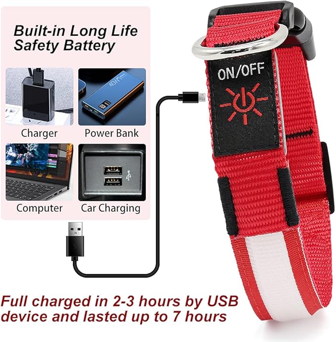 YFbrite Ultra Light Adjustable LED Dog Collar, Light up Dog Collars Rechargeable Glowing in The Dark Collars Visiblity & Safety for Small, Medium, Large Dogs (Red, Large)