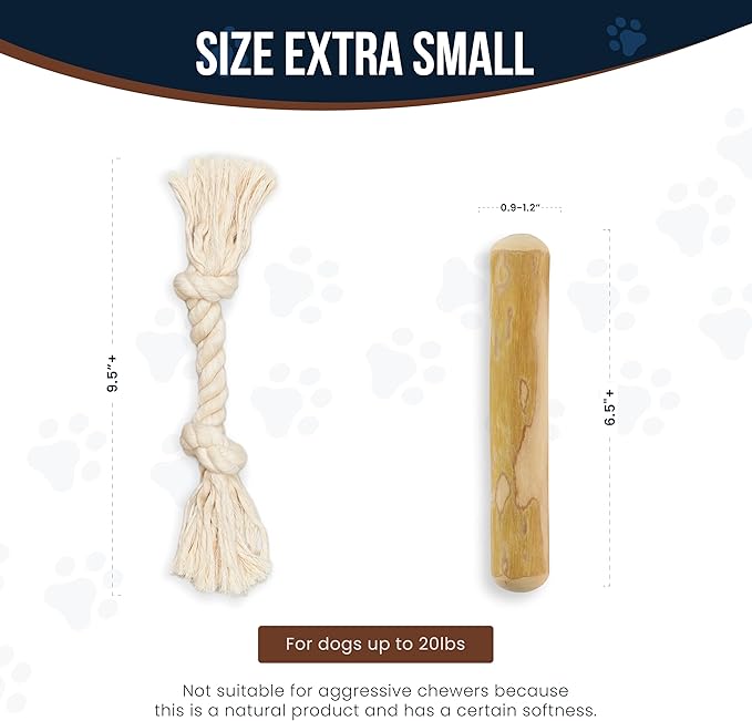 Coffee Wood Dog Chew Sticks 6.5" & Dog Rope Toys for Puppy - 100% Natural Puppy Chew for Teething, Organic Wood Stick - Size XS