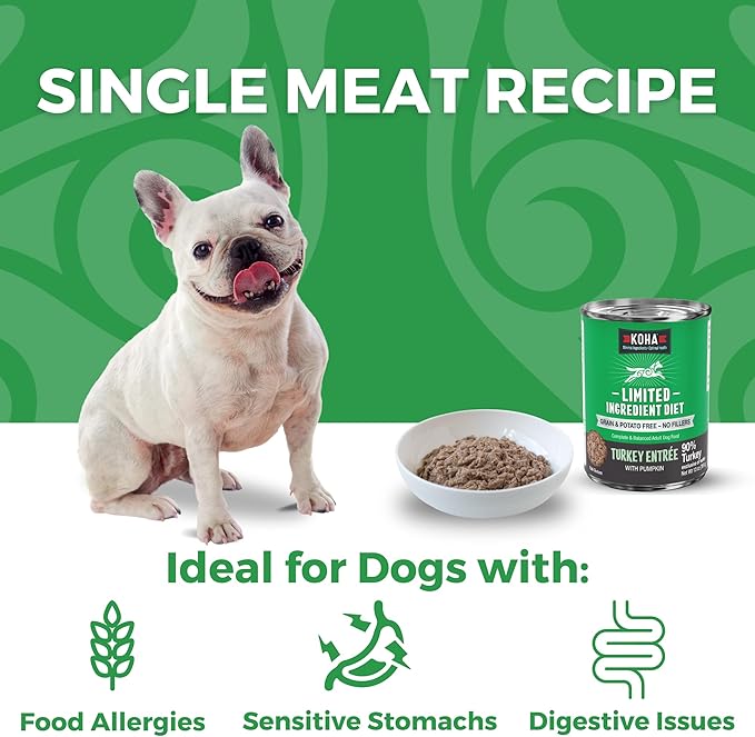 KOHA Limited Ingredient Diet Turkey Entrée for Dogs - Grain Free Wet Dog Food with No Fillers - Sensitive Stomach Canned Dog Food - 13 oz Pack of 12