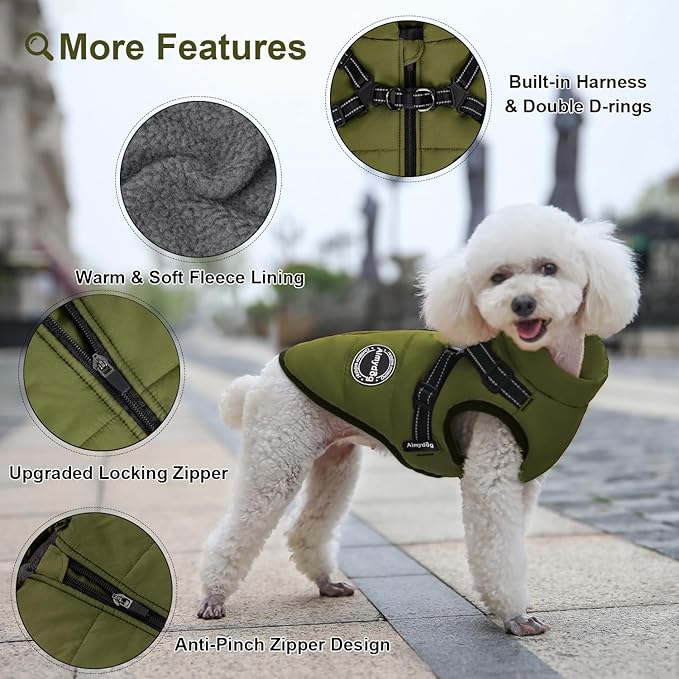 Warm Winter Coat, Fashion Sports Dog Cold Weather Jacket with Built-in Harness, Reflective, Waterproof Windproof Dog Apparel for Small Dogs (Green)