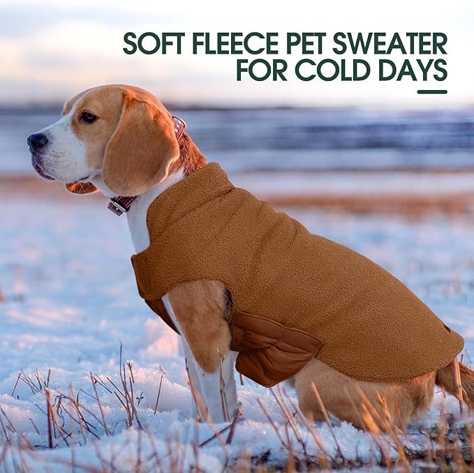 Kuoser Reversible Dog Coat – Warm Fleece & Quilted Waterproof Dog Jacket, Double-Sided Cold Weather Dogs Winter Coat with Harness Hole, Windproof Pet Snow Vest for Small Medium Large Dogs, Brown M