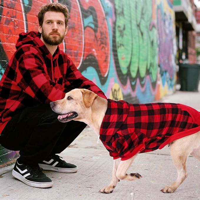 KOOLTAIL Plaid Dog Hoodie Pet Clothes Sweater with Hat and Pocket for Small Medium Large Size Dogs, Soft Winter Warm Dog Cold Weather Coat, Fleece Fall Dog Hooded Sweatshirt for Puppy Cats, Red M