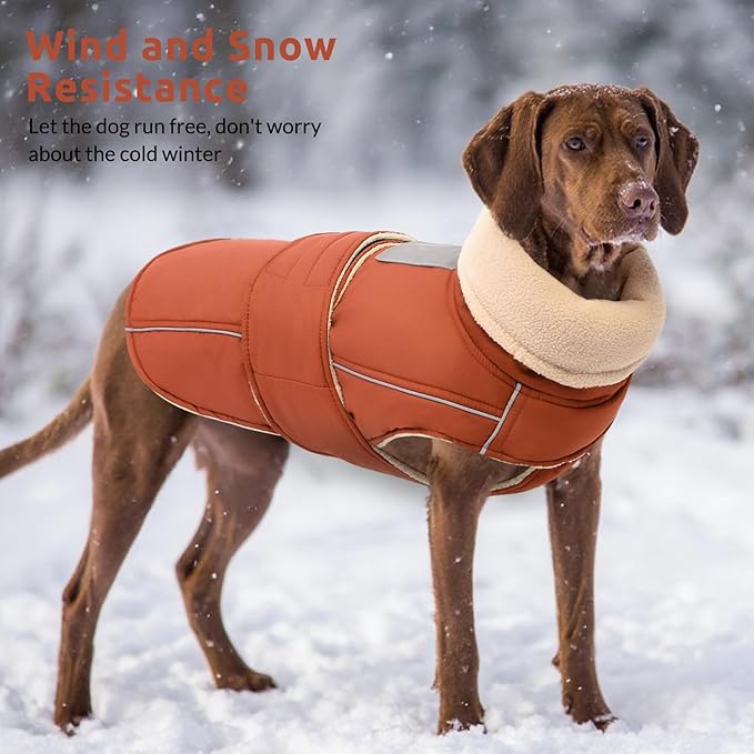 ASENKU Warm Dog Coat, Waterproof Dog Jackets for Large Dogs with Reflective Fleece Vest Turtleneck with Button,Windproof Cold Weather Coats for Small Medium Large Dogs, Red Brown, 3XL