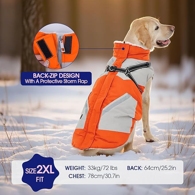 FUAMEY Dog Winter Jackets for Large Dogs,Dog Coat with Harness Built in,Waterproof Dogs Snowsuits Warm Pet Jacket Zip Up Fleece Cold Weather Coats Reflective Puppy Vest with Pocket Orange 2XL