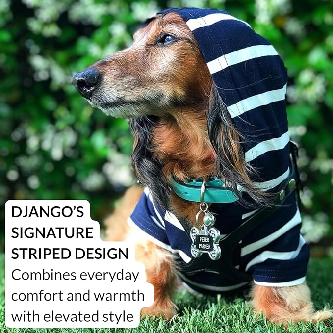 DJANGO Dog Hoodie – Warm, Lightweight, Soft & Stretchy Dog Sweater with Hood, Harness Hole & Elastic Waistband – Cozy Sweatshirt for Small Dogs up to 25 lbs, Dachshunds & Puppies – Navy Blue, Medium