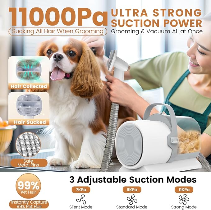Dog Grooming Vacuum and Kit, Clipper Nail Trimmer Grinder, 2.5L Dust Cup 7 Grooming Tools 11000Pa Pet Vacuum for Shedding Grooming, Dog Hair Vacuum, Home Cleaning, PG50 Plus