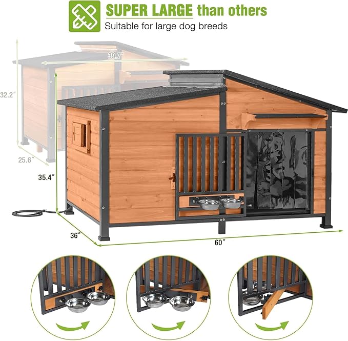 GUTINNEEN Extra Large 60" Heated Dog House Outdoor Insulated Dog Kennel with Safe Heated Pad, Chew-Proof Metal Frame and Rotating Food Bowl for Large Dog Breeds, 60" L x 36" W x35.4 H (Brown)