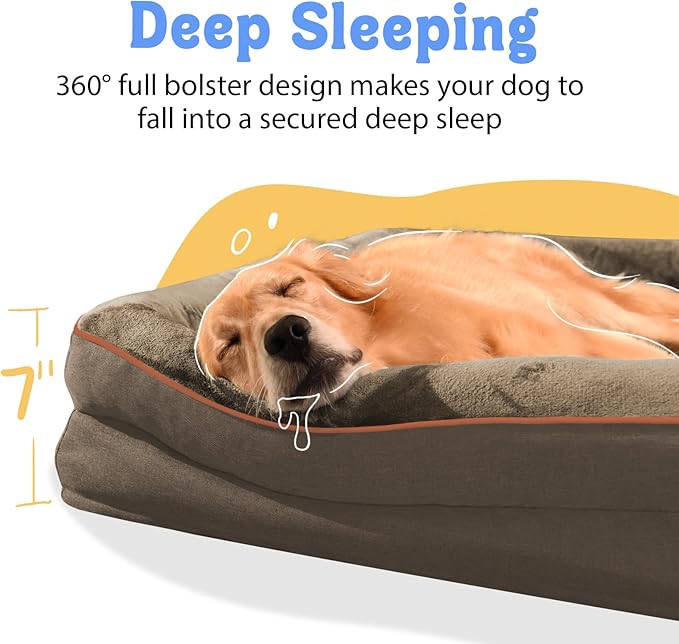 Washable Orthopedic Large Dog Bed -XL Large Dog Bed with Removable & Waterproof Cover Pet Beds with Foam Support for Big Size Dogs with Bolster