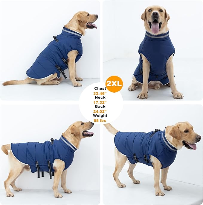 Dog Coat with Harness Built-in, Waterproof Reflective Fleece Lined - Warm Windproof Winter Jacket with Back Zipper, Cold Weather Snow Dog Coats - Blue - L