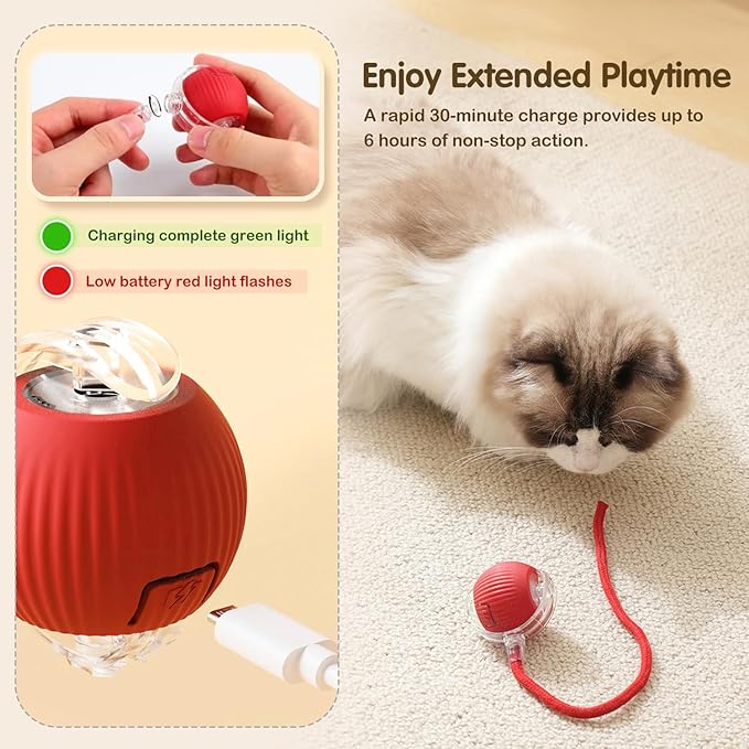 Interactive Cat Toy Ball, 2025 Upgraded Cat Toys for Bored Indoor Adult Cats, Self Rolling Interactive Dog Ball Toy, Automatic Smart Pet Toy Ball Kitten Toys (Red Green)