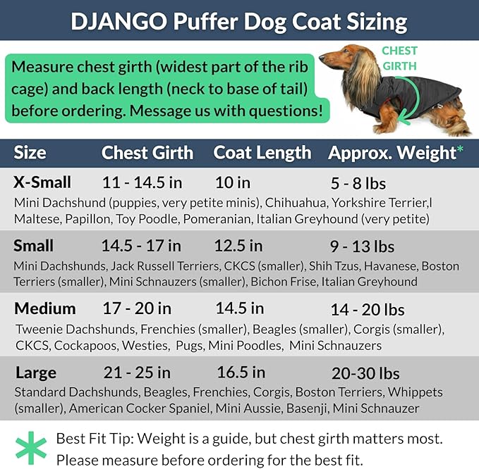 DJANGO Reversible Puffer Dog Coat – Warm Winter Dog Jacket & Water-Repellent Insulated Dog Coat with Harness Hole, Windproof, Adjustable Fit Vest for Small & Medium Dogs, Dachshunds – Black, X-Small