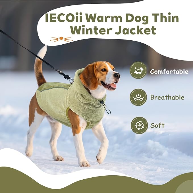 IECOii Dog Fleece Sweater for Medium Dogs, Dog Pullover Sweatshirt with Leash Hole & Reflective Stripes, Stretchable & Cozy Dogs Hoodie Windproof Hooded Sweaters for Fall Winter Walks, Green, L