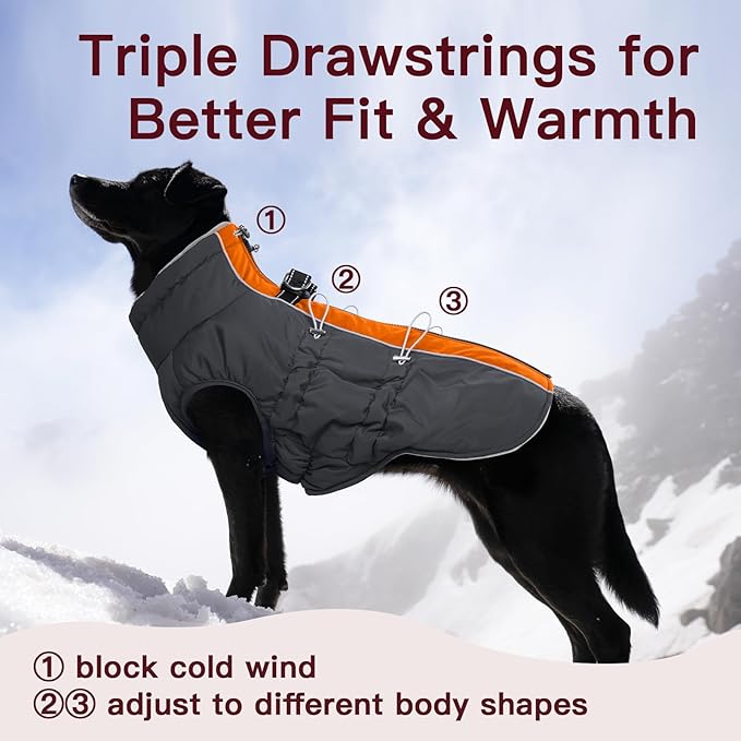 Dog Coat - Large Dog Winter Jacket, Warm Zip Up Snowsuit, Reflective, Water-Resistant, Orange-Gray