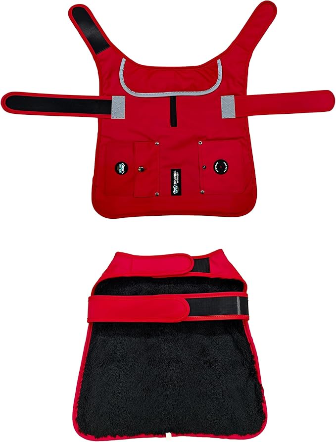 Joyride Harness FrostFlex Dog Winter Jacket - Fleece Lined & Water-Resistant - Snowsuit with Pockets for Treats & Poop Bags - Durable Cold Weather Dog Coat - Red Rush-XL